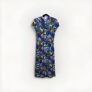 J. Crew L9782 Midi Shirt Dress Women's Small Blue & Multicolor Tropical Floral